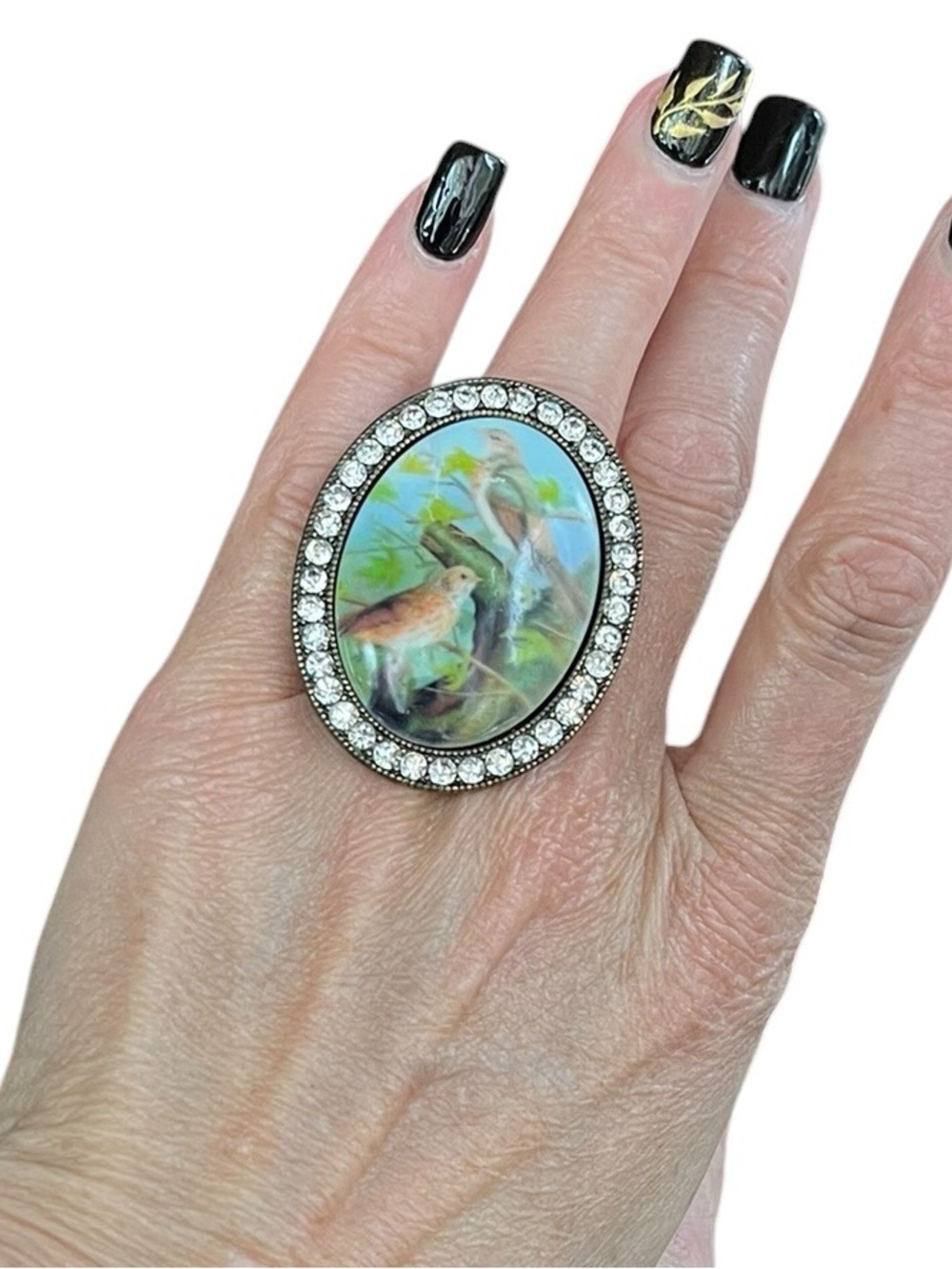 Vintage Hand Painted Porcelain Bird Scene Pave Set Crystal Halo Statement Ring